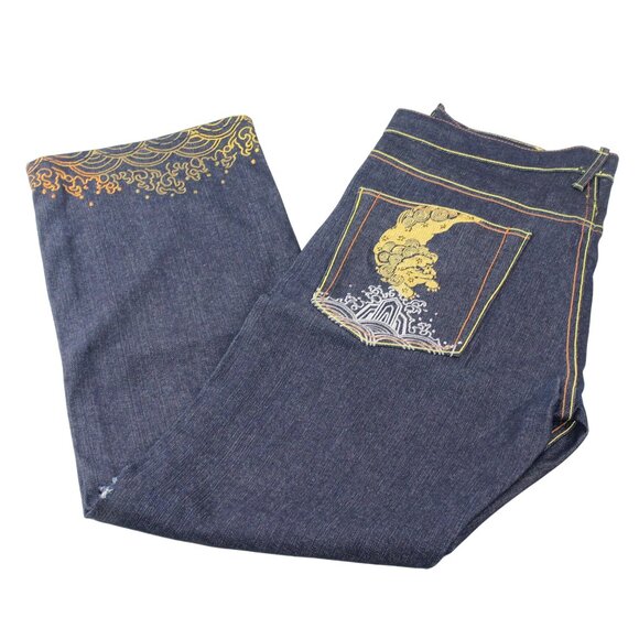 The Year Of Jeans Mens Sz 34 Raw Denim Japan Selvedge Button Fly Embroidered - Picture 1 of 16